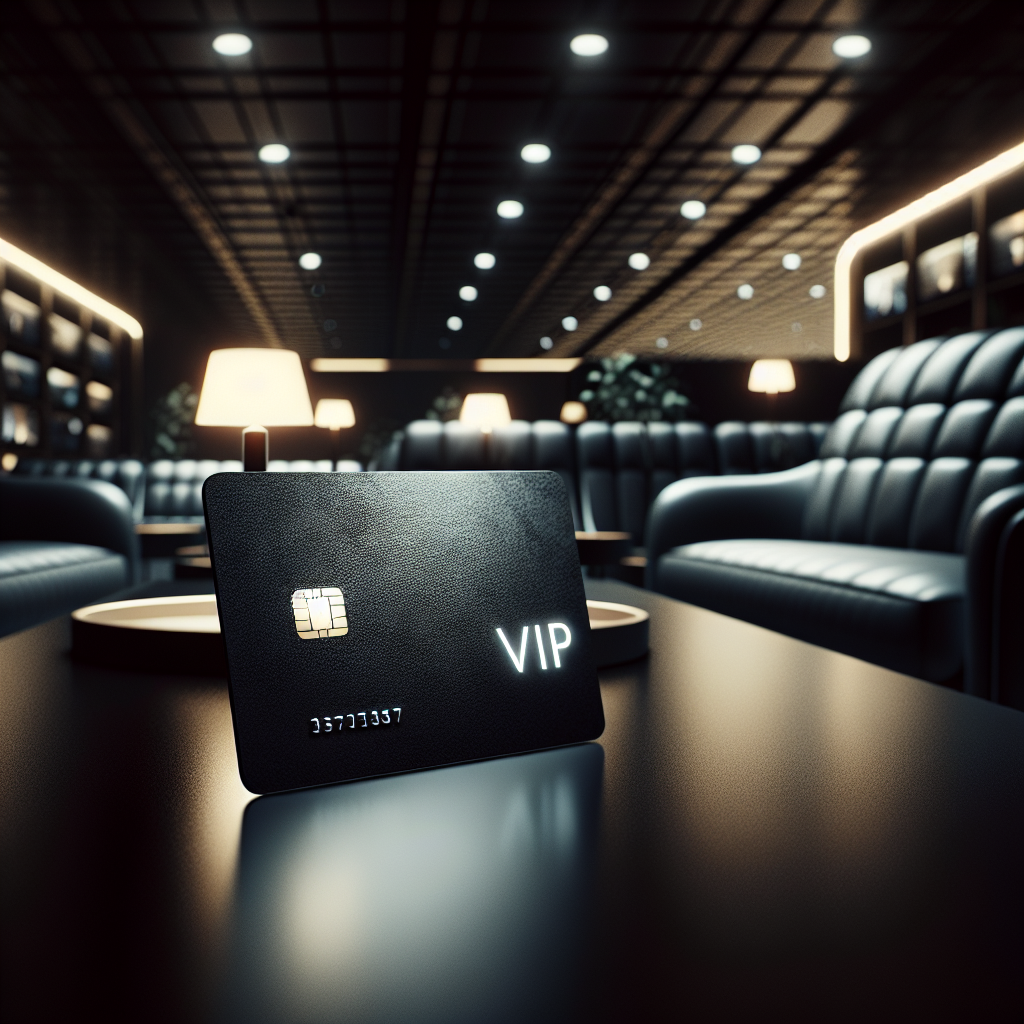 Foto av et elegant svart VIP-kredittkort på et mørkt bord, med myk belysning, flyplasslounge i bakgrunnen og et diskret preg av luksus