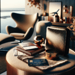 Stilfull scene med et elegant VIP-kredittkort liggende på et reisetilbehørbord med pass, boardingkort og en kort lounge-eskene i bakgrunnen, luksuriøs men moderne estetikk