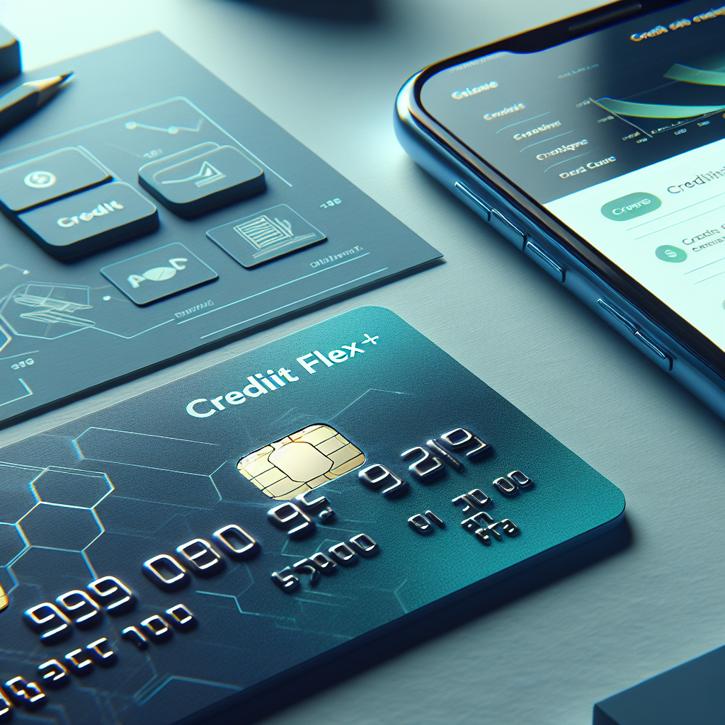 Nærbilde av et moderne kredittkort merket 'Credits Flex+' liggende på et bord sammen med en mobil som viser en økonomi-app, nøytrale blå og grønne fargetoner