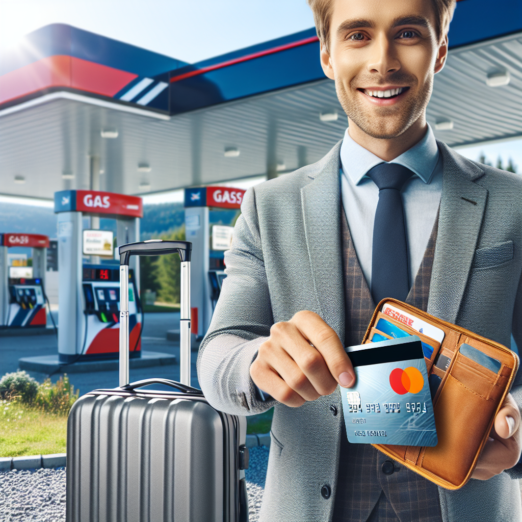 Norsk forbruker som trygt betaler med kredittkort i mobilwallet, med reisekoffert og bensinstasjon i bakgrunnen, moderne, lys og informativ stil