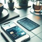 Nært bilde av et moderne Visa-kredittkort på et bord med en mobilapp som viser transaksjoner; rolig, profesjonell fargetone, norsk kontekst