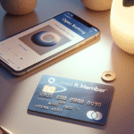 Moderne re:member-kredittkort liggende på et bord ved siden av en mobiltelefon med åpen bankapp, mykt lys, profesjonelt og rent uttrykk