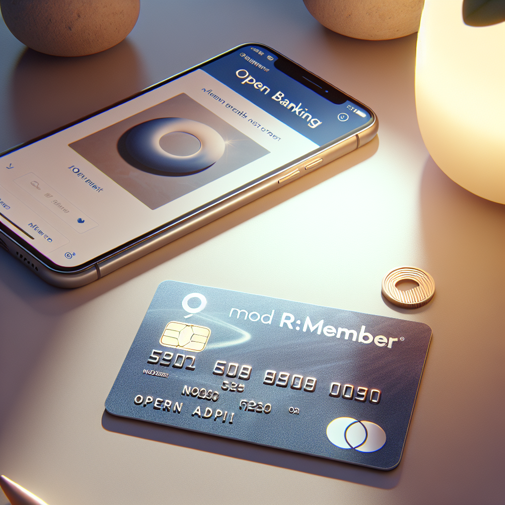 Moderne re:member-kredittkort liggende på et bord ved siden av en mobiltelefon med åpen bankapp, mykt lys, profesjonelt og rent uttrykk