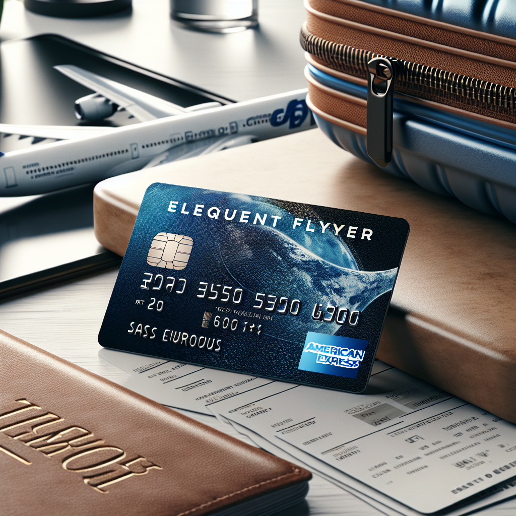 Profesjonelt bilde av et elegant American Express-kredittkort med SAS EuroBonus-design, på et reisebord med boardingkort og håndbagasje, moderne og rent uttrykk