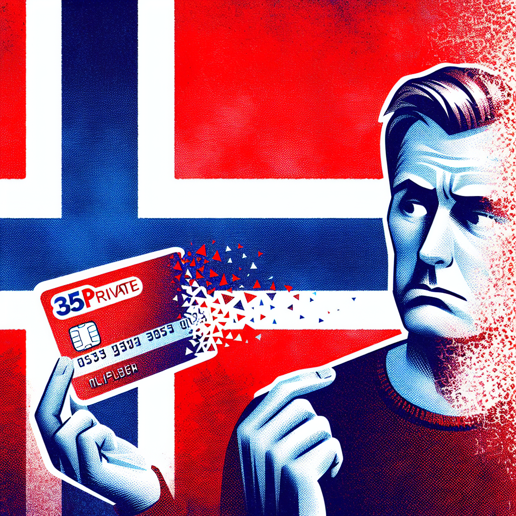 Norsk inspirert illustrasjon av et MasterCard merket 365Privat som viskes ut, med en person som undersøker lommeboken og norske farger i bakgrunnen